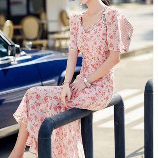 Short-sleeve Faux Pearl Trim Floral Print Midi Mermaid Dress