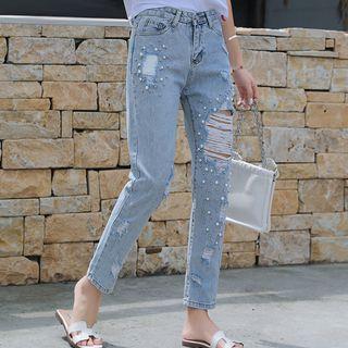 Faux Pearl Distressed Cropped Straight-fit Jeans