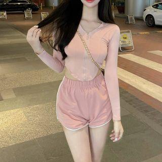 Long-sleeve Zip-up Crop T-shirt / Shorts