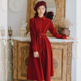 Long-sleeve Plain Corduroy Shirtdress
