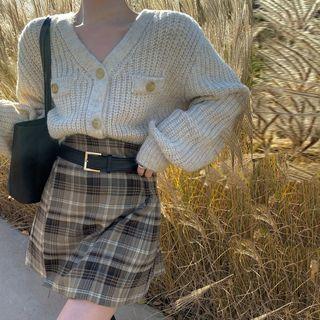 Mock-turtleneck Long-sleeve T-shirt / Cardigan / Plaid A-line Skirt