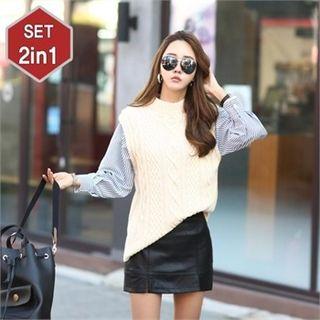 Inset Stripe Shirt Sleeveless Cable-knit Top