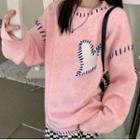 Heart Round-neck Sweater Pink - One Size