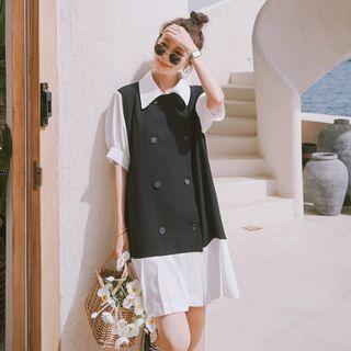 Mock Two-piece Short-sleeve Double-breasted Shirt Dress