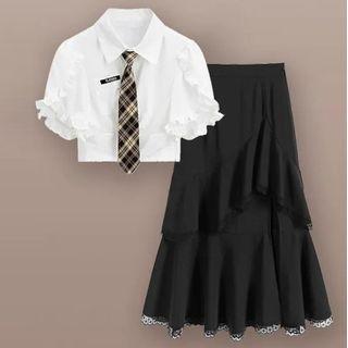 Elbow-sleeve Shirt / Lace Trim Midi A-line Skirt