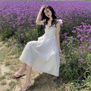 Ruffle Strap Shirred A-line Dress White - One Size