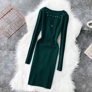 Long-sleeve Cut Out Embellished Knit Dress