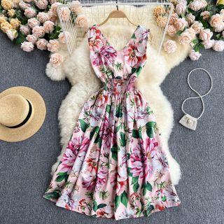 V Collar Print Sleeveless Dress