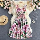 V Collar Print Sleeveless Dress