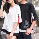 Couple Matching Color Block Printed Elbow-sleeve T-shirt