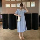 Lace Collar Short-sleeve Plaid Midi A-line Dress