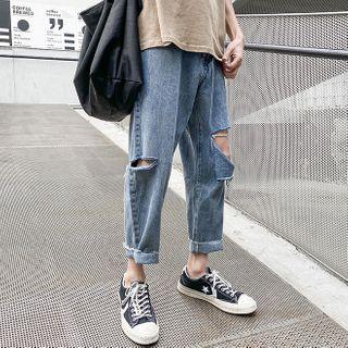 Cropped Cutout Straight-fit Jeans