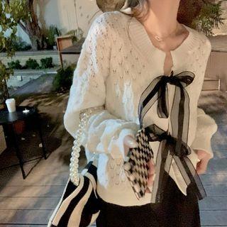 Bow-accent Perforated Cardigan As Figure - One Size