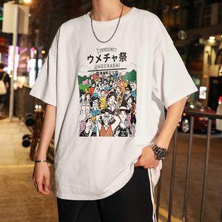 Elbow-sleeve Cartoon Graphic T-shirt