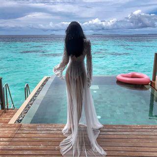 Bell-sleeve Mesh-overlay Swimsuit