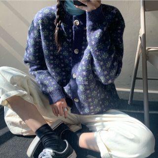 Turtleneck Long-sleeve T-shirt / Flower Print Cardigan