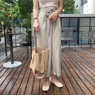 Plaid Wide-leg Pants With Sash
