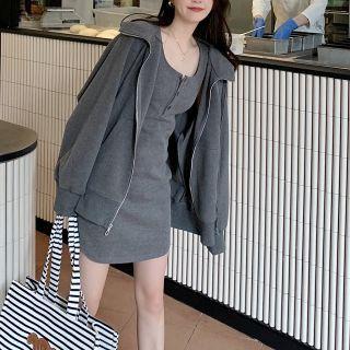 Plain Mini Bodycon Tank Dress / Zip-up Hoodie / Sweatpants