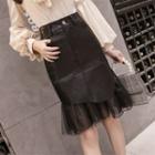 High-waist Faux Leather Lace Panel Slim Fit Skirt