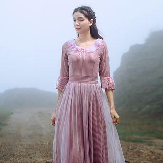 Elbow-sleeve Sheer Overlay A-line Midi Dress