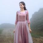 Elbow-sleeve Sheer Overlay A-line Midi Dress