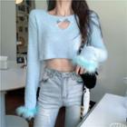 Heart Cut Out Cropped Sweater Blue - One Size