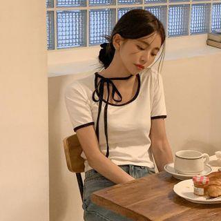 Short-sleeve Contrast Trim Top White - One Size