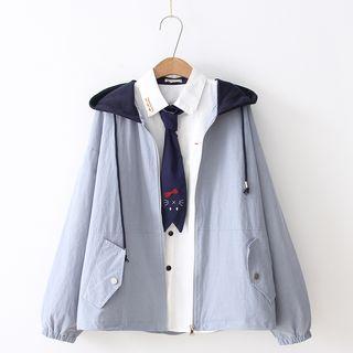 Lettering Embroidered Hooded Zip Jacket/ Plain Shirt