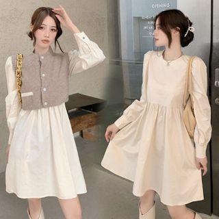 Long-sleeve Mini A-line Dress / Knit Vest