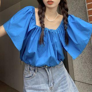 Bell Sleeve Square Neck Lace-up Cropped Blouse