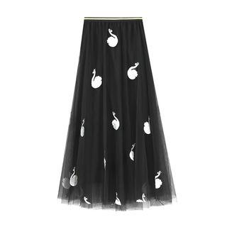 Embroidered Swan Mesh A-line Midi Skirt
