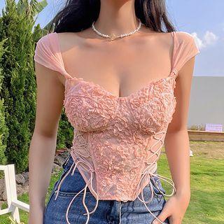 Cap-sleeve Lace-up Mesh Top
