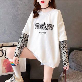 Long-sleeve Mock Two-piece Leopard Print Panel T-shirt