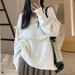 V-neck Frilled Loose-fit Sweater