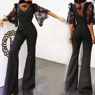 Flared-sleeve Lace Trim Jumpsuit