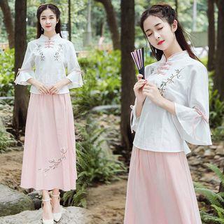 Set: Embroidered Hanfu Top + Midi Skirt