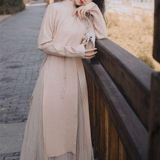 Set: Long-sleeve Knit Dress + Midi A-line Mesh Skirt