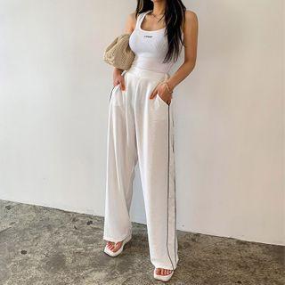 Band-waist Piped Wide-leg Pants