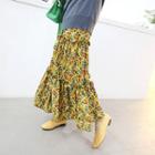 Banded-waist Floral-pattern Tiered Maxi Skirt
