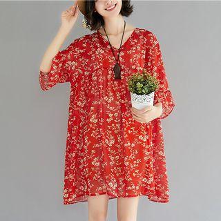 Set: Floral Print Elbow-sleeve Chiffon Dress + Slipdress
