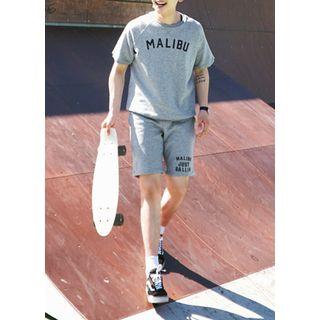 Set: Short-sleeve Lettering T-shirt + Drawstring-waist Sweat Shorts