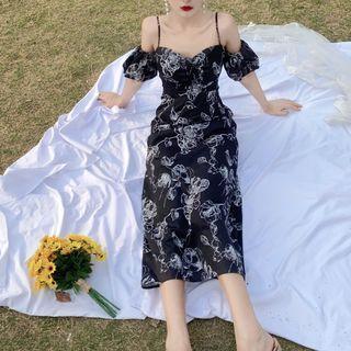 Cold-shoulder Flora Print Midi A-line Dress