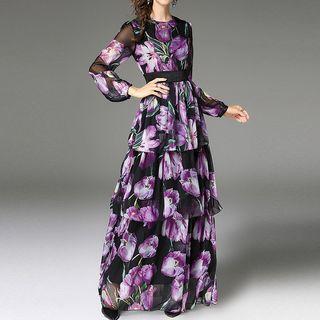 Long-sleeve Floral-print Chiffon A-line Maxi Dress