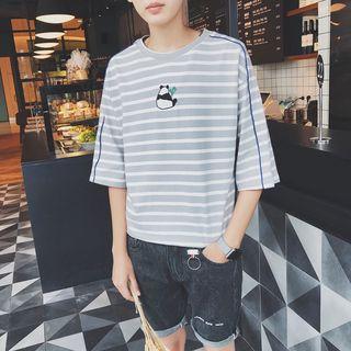 Elbow-sleeve Stripe Printed T-shirt