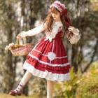 Lace Trim A-line Overall Dress / Long-sleeve Blouse / Petticoat Skirt / Headband / Set