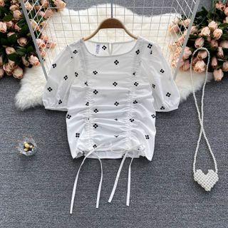 Round-neck Drawstring Ruched Puff-sleeve Top