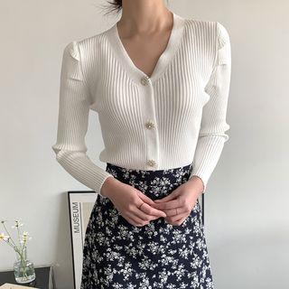 Puff-sleeve Rhinestone-button Cardigan