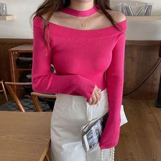 Long-sleeve Cold-shoulder Plain Knit Halter Top