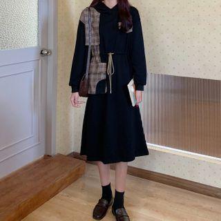 Plaid Panel Hooded Long-sleeve Midi A-line Dress