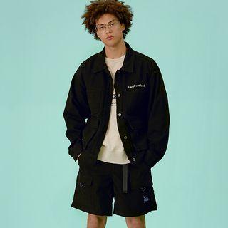[r:lol] Couple Letter-embroidered Trucker Jacket Black - One Size